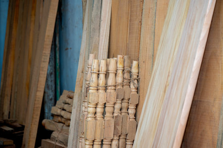 Eucalyptus Wood Plank With Blur Background. Wood Planks Are Stored For Making Wooden Furniture....