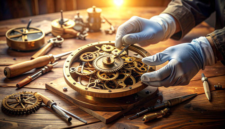 Watchmaker working on a clockwork in his workshop, close-upの素材