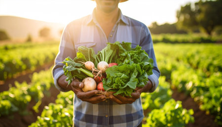 Farmer holding a freshly harvested crop of radishes and beetsの素材
