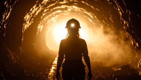 Silhouette of a female miner standing in an underground mine.の素材