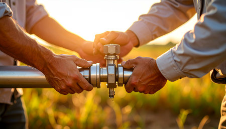 Close-up of male hands holding water pipes in field at sunsetの素材