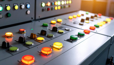 Close-up of control panel of control panel of industrial machine.の素材