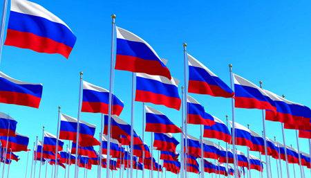 wonderful many Russia flags placed in row on blue sky background - any celebration flag 3d illustrationの素材