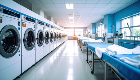 Laundry room in modern hospital. Laundry room with washing machineの素材