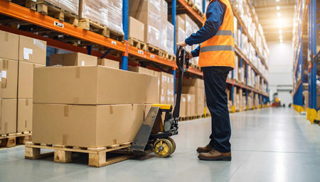Warehouse worker using hand pallet truck in warehouse. Logistics, supply chain and warehouse business concept.の素材