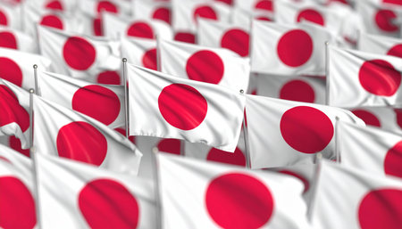 Row of japanese flags in the wind. 3D renderingの素材