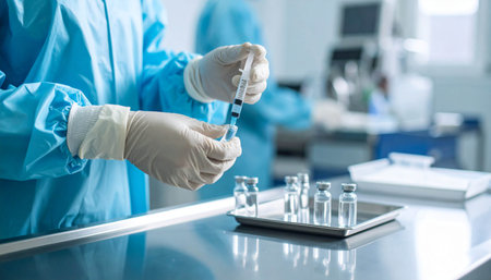 Close-up of a doctor holding a syringe in a laboratoryの素材