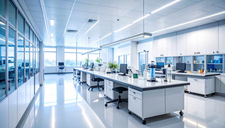 Interior of a modern science laboratory with glass walls and white floorの素材