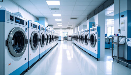 Laundry room interior with rows of washing machines. 3d renderingの素材