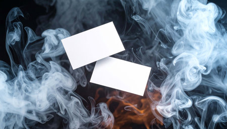 Two white business cards on a dark background with smoke. Copy space.の素材