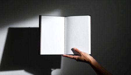 Woman's hand holding a blank book on dark background with shadow.の素材