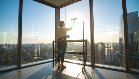 Businesswoman using a mobile phone in a modern office with a city viewの素材