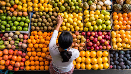 Young woman buying fruits at the market in Bangkok,Thailand.の素材