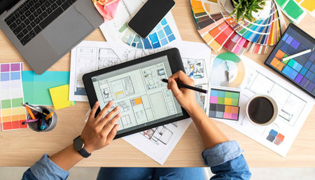 Top view of graphic designer working on digital tablet at table in officeの素材