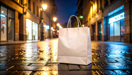Paper shopping bag on a city street at night. Shallow depth of fieldの素材