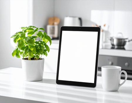 Mockup image of tablet pc with blank screen standing on white table in modern kitchenの素材