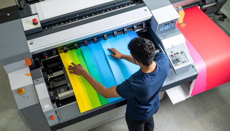 High angle view of a male worker operating laser printer in a factoryの素材