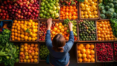 Woman choosing fruits in the fruit market. Top view of a young woman choosing fruits at the market.の素材