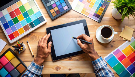 top view of graphic designer working with digital tablet at table in officeの素材