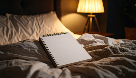 Blank notepad on bed at night. Mockup for designの素材