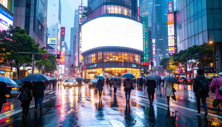People walk through the streets of Hong Kong during a rainy day.の素材