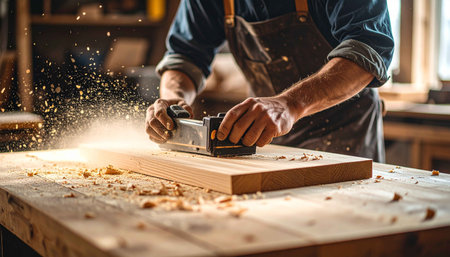 Carpenter working on wood in his carpentry workshop, cutting a wooden boardの素材
