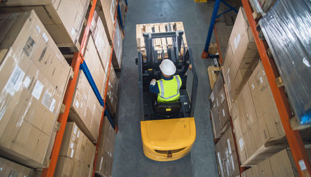 High angle view of forklift working in warehouse. This is a freight transportation and distribution warehouse. Industrial and industrial workers conceptの素材