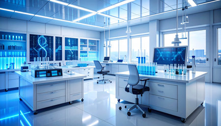 3d render of science laboratory interior with blue glass and science equipmentの素材