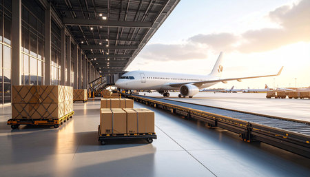 Airplane in airport terminal, freight transportation and logistic concept.の素材