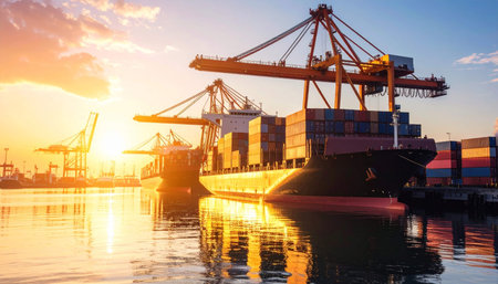 Container Cargo freight ship with working crane bridge at sunset for Logistic Import Export backgroundの素材
