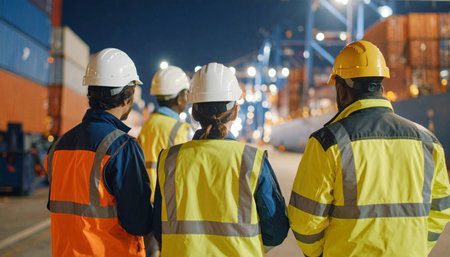 Group of warehouse workers working in freight cargo ship yard at night.の素材