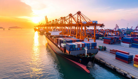 Container Cargo freight ship with working crane bridge at dusk for Logistic Import Export backgroundの素材