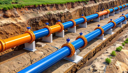Pipeline with blue and orange pipes, close-up.の素材