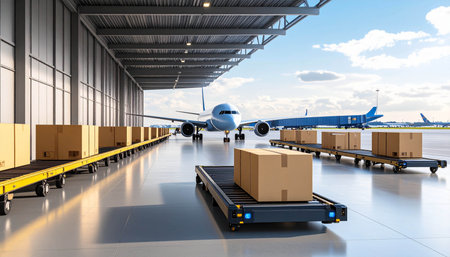 Airplane with cardboard boxes on conveyor belt in airport terminal. 3d renderingの素材