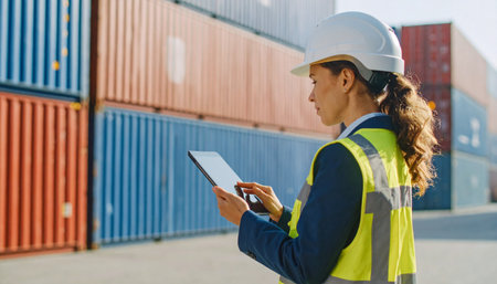 Portrait of female worker using digital tablet while standing in container yardの素材