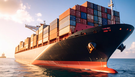 Container Cargo freight ship with working crane bridge for Logistic Import Export backgroundの素材