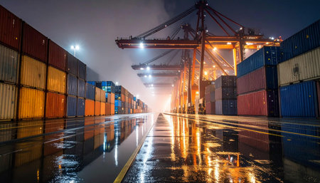 Containers and cranes at the docks at night in Shanghai, Chinaの素材
