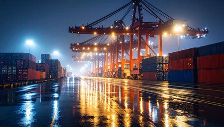 Container Cargo freight ship with working crane bridge at night for Logistic Import Export backgroundの素材