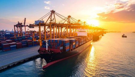 Container Cargo freight ship with working crane bridge at sunset for Logistic Import Export backgroundの素材