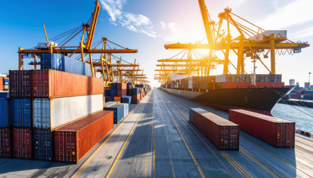 Container Cargo freight ship with working crane bridge in shipyard for Logistic Import Export backgroundの素材