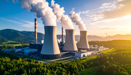 Nuclear power plant Temelin in Czech Republic at sunset, Europeの素材