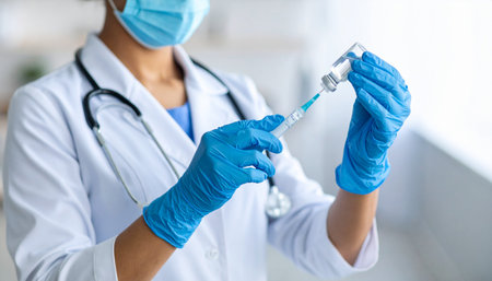 close up of female doctor with syringe and stethoscope at hospitalの素材