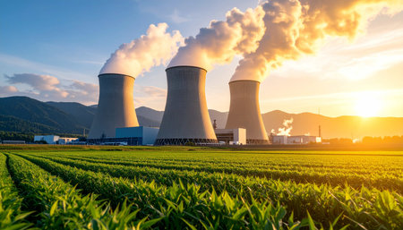 Nuclear power plant Temelin at sunset, Czech Republic Europe.の素材