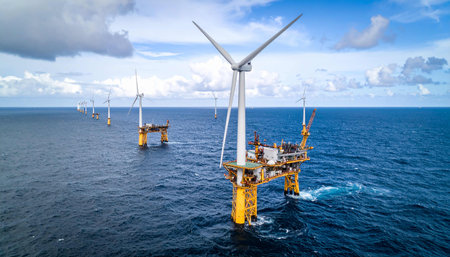 Offshore Industry oil and gas production petroleum pipeline and wind turbine.の素材