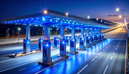 Highway toll station at night in Beijing, China. Long exposure.の素材