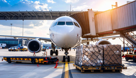Airplane in the airport terminal, cargo transportation and logistics concept.の素材