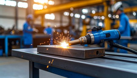 Industrial worker using welding machine to welding metal in factory, selective focusの素材
