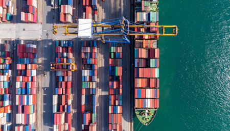 Container Cargo freight ship with working crane bridge for Logistic Import Export backgroundの素材