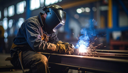 Welder working in the factory, close-up of welding.の素材