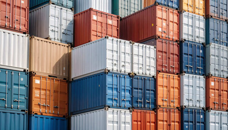 Cargo containers stacked in a large industrial port. Logistics and transportation concept.の素材